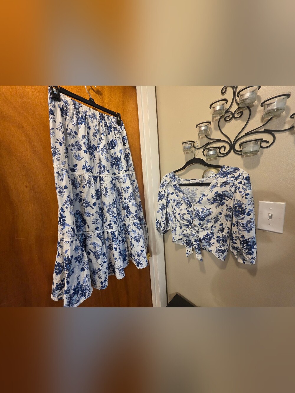 Blue Floral Tiered Maxi  - Women's Elegant Summer Skirt 2 Piece Top And Skirt